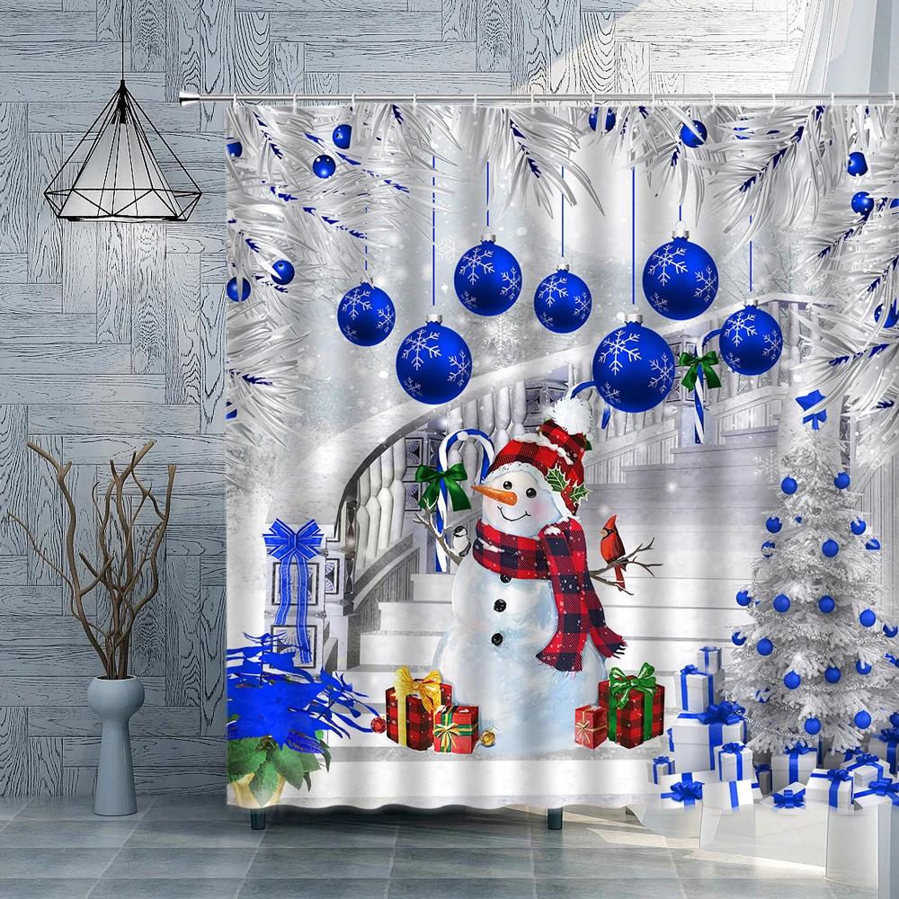 Christmas Shower Curtains Windows Xmas Balls Pine Tree Snowmen Cardinals Bath Curtains Fabric Bathroom Decor Winter Snow Woods