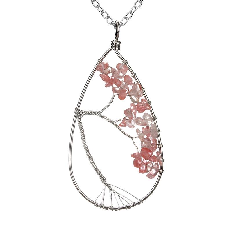 Handmade Silver Wrapped Copper Wire Crushed Stone Tree of Life Necklace, Water Drop Natural Stone Design, Bent Tree of Life Necklace N28.