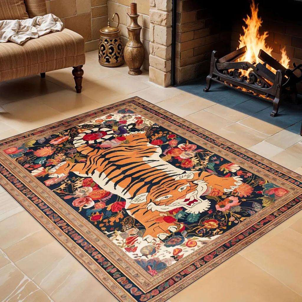 Exotic Tiger Area Rug, Bengal Tiger Aesthetic Decor Carpet, Maximalist Rug for Home Decor Floor Mat, Floral Tiger Rugs