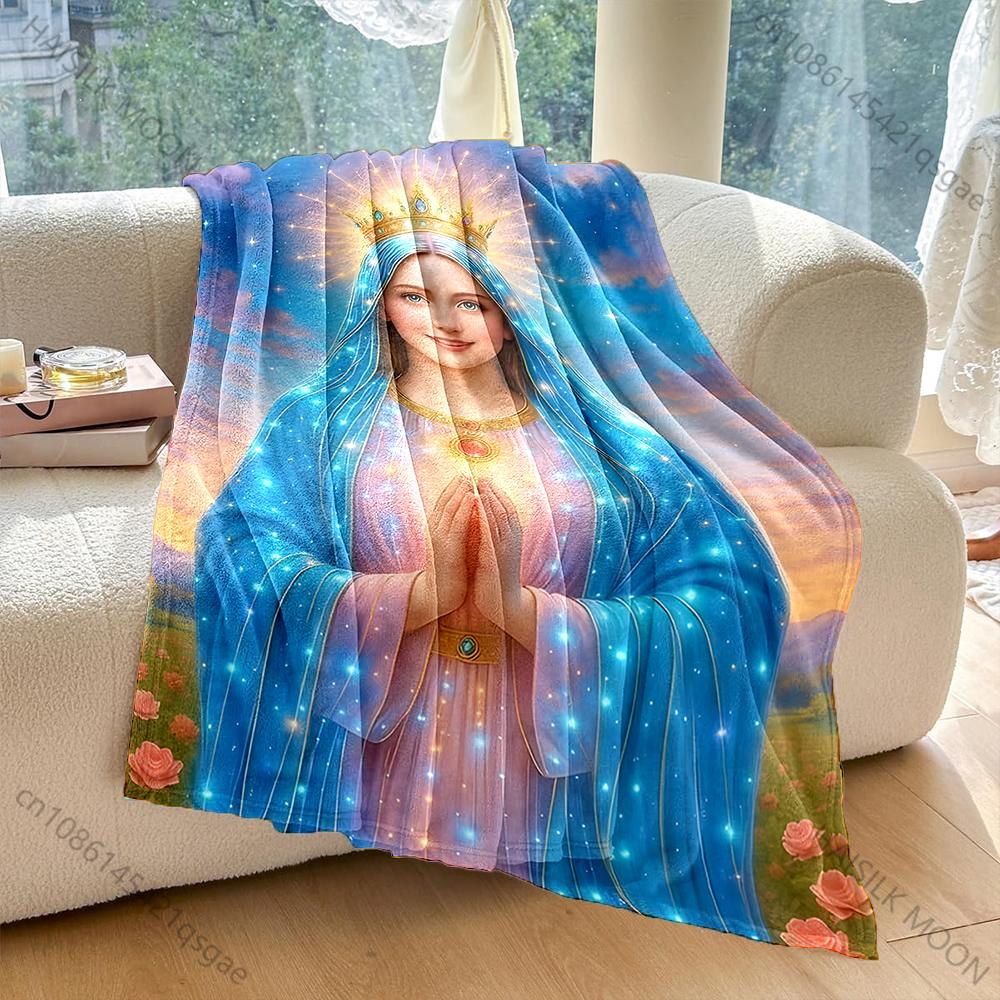 1PC Blue Crowned Our Lady Prayer Print Blanket Warm Soft Fluffy Kids and Adult Sofa Bed Throw Blanket Outdoor Travel Camping RV