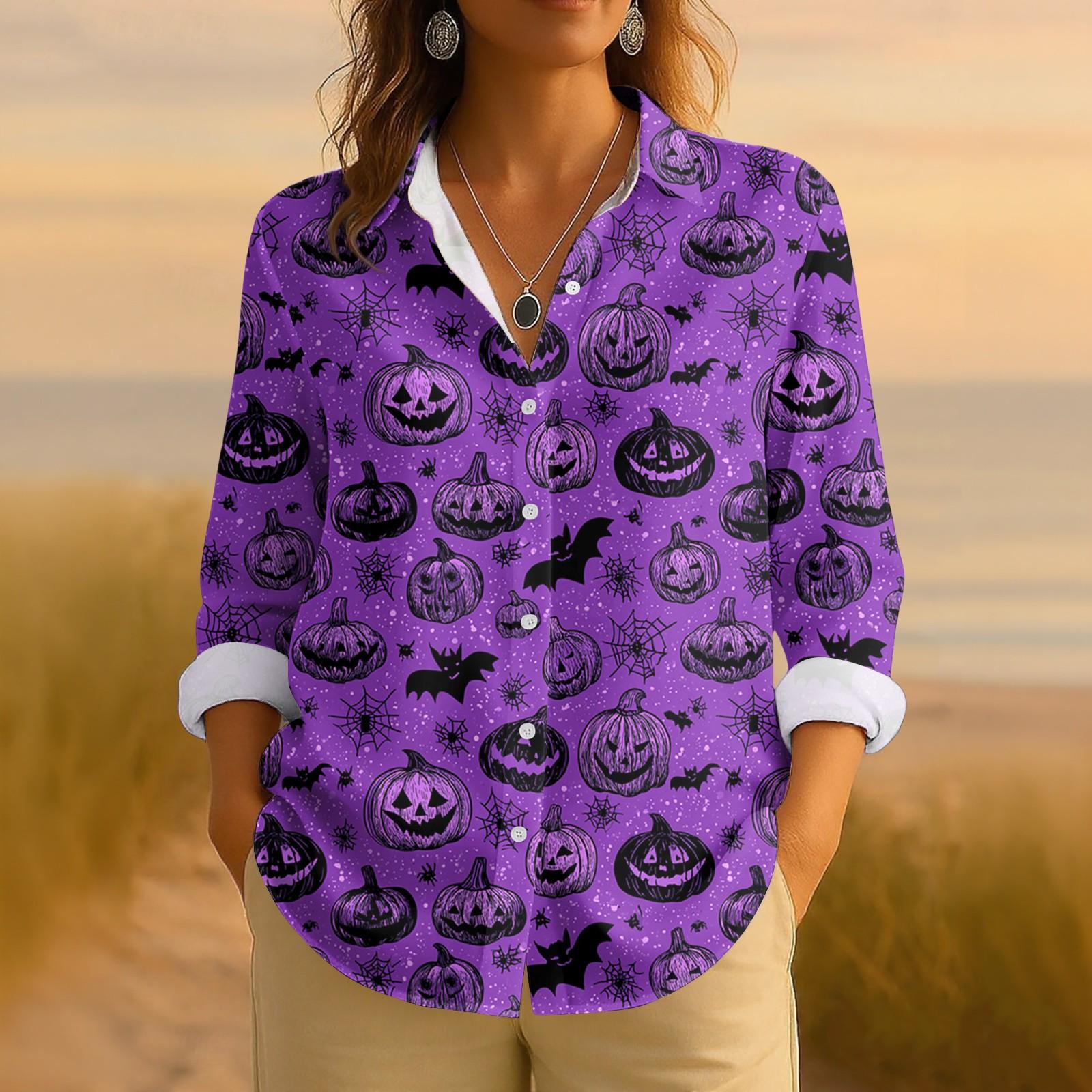 

Женская ретро рубашка с принтом на Хэллоуин, на пуговицах, с длинным рукавом, повседневная, с обычным воротником XL фиолетовый