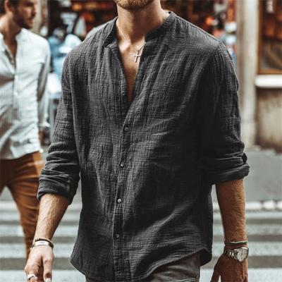 New Arrival Men's Solid Colour Casual Stand Collar Long Sleeve Shirt Linen Cardigan