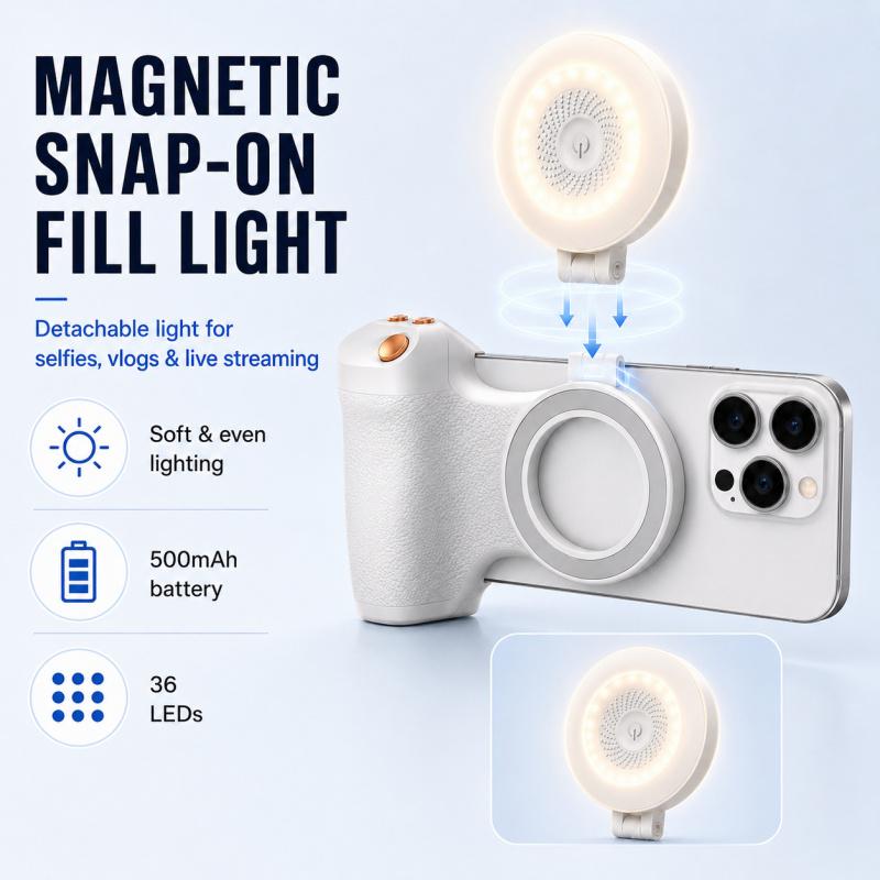 Magnetický Grip Stabilizátor pro Fotoaparát Telefonu, Bluetooth Dálková Spoušť s Ovládáním Zoomu, Ruční Stabilizátor proti Třesení pro Fotografování ze Smartphonu