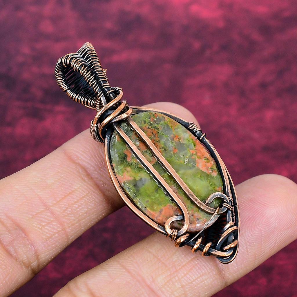 Unakite Gemstone Pendant Copper Wire Wrapped Handmade Pendant Designer Jewelry
