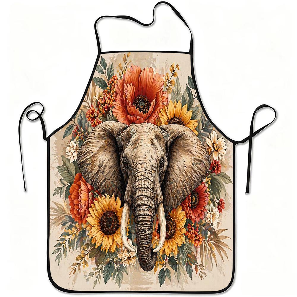 1pc Elephant And Sunflower Floral Print Apron, Durable And Easy to Clean, Adjustable Waistband, Polyester Material, for Kitchen Cooking, Gardening, Or