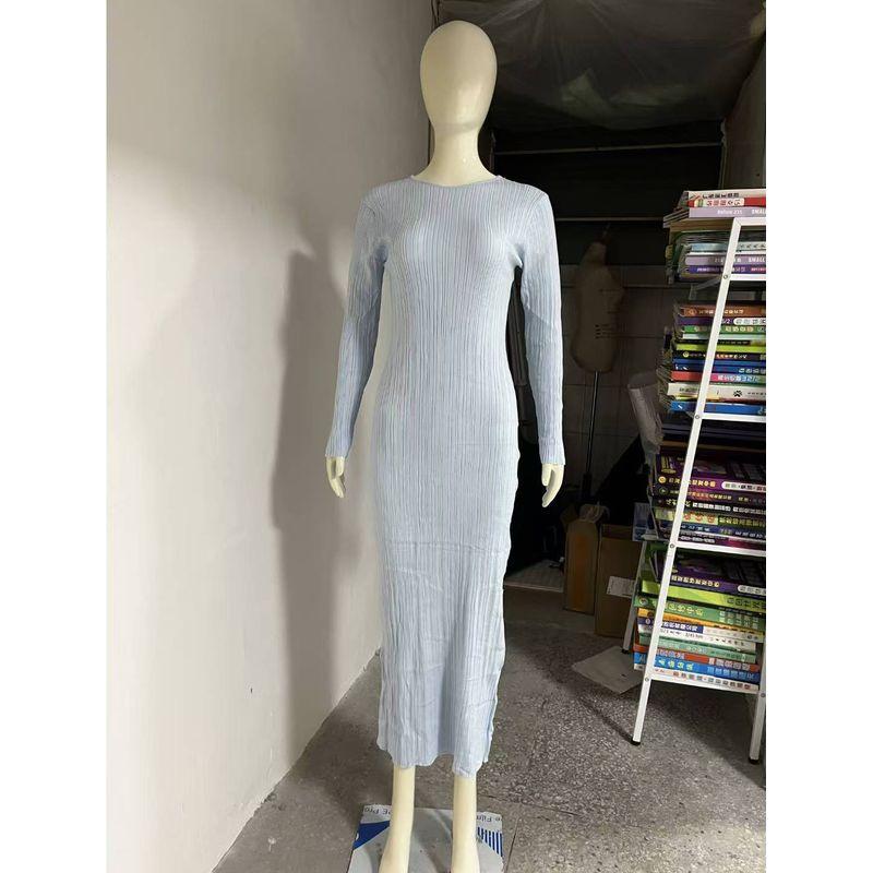 

European and American Long sleeve Knitted dress Casual Waist Hugging Sunken Stripe Long dress Solid Color Knitted Dress Blue L