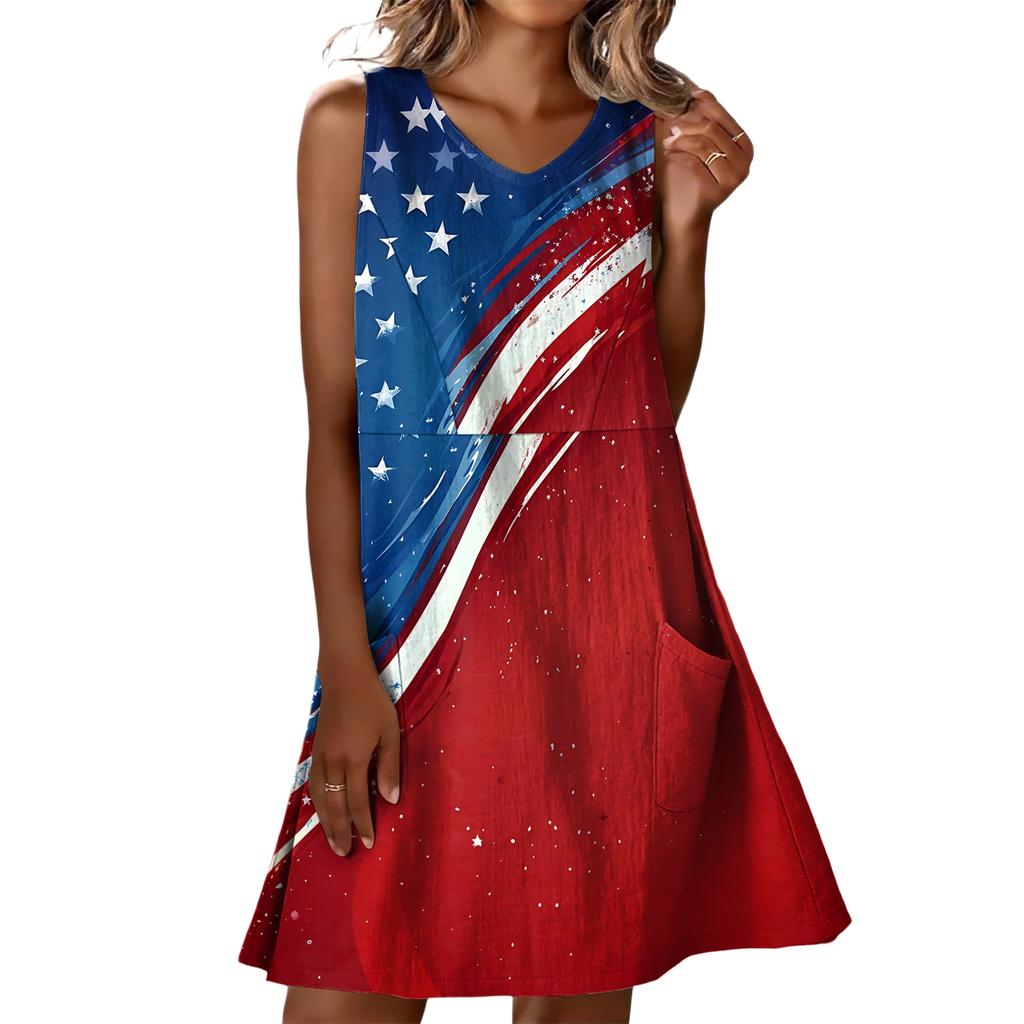 Sommerkleider für Damen Locker Strandurlaub Lässig Ärmellos V-Ausschnitt Sonnnenkleider Mit Taschen Trägerkleid