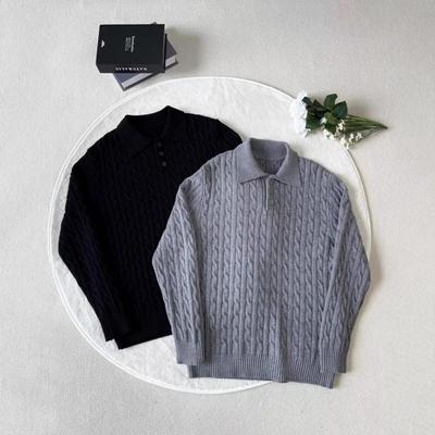 Mens Relaxed Fit Cable Knit Polo Collar Sweater Winter Warm Casual Pullover Men