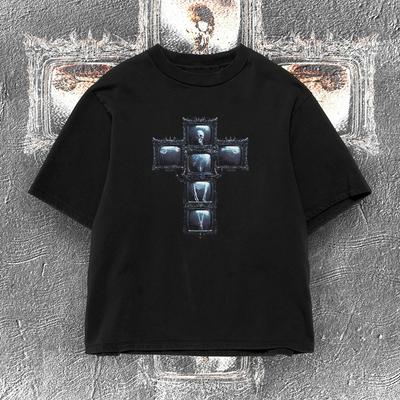 Y2K Gothic Cross Graphic Tee | 2000s Retro Heavyweight Cotton Shirt