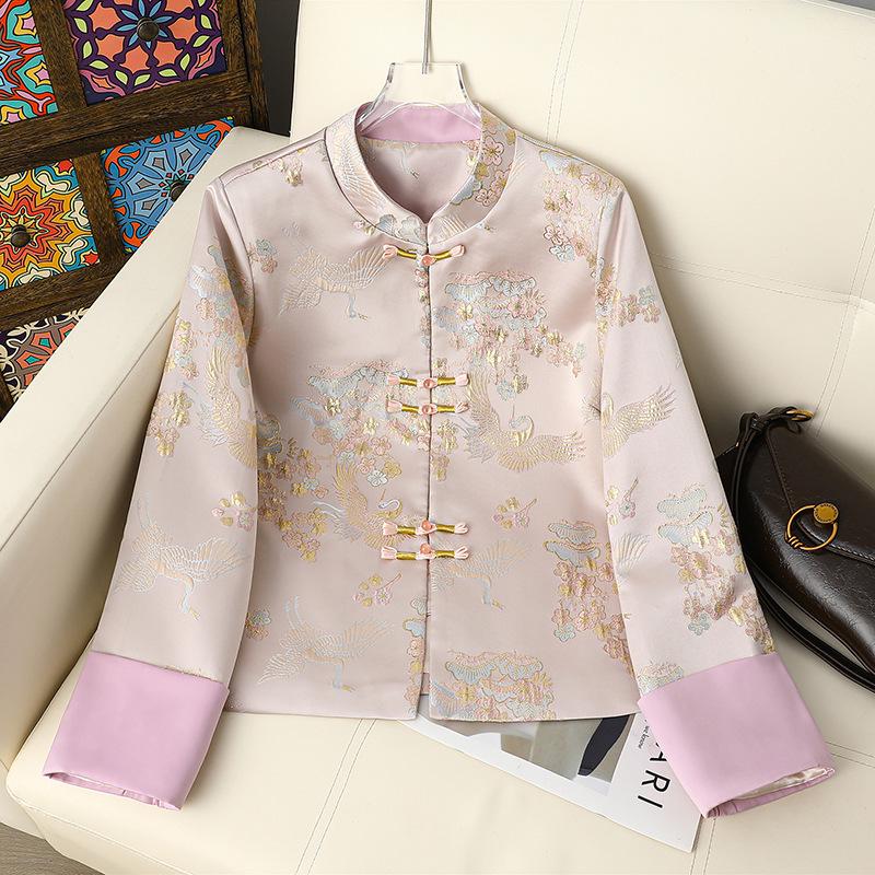 

Petite Women s Retro Embroidered Stand Collar Tang Jacket with Frog Buttons - Spring/Autumn XL (85-100 jin) светло-розовый