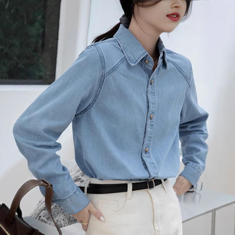 Dark Blue Retro Shoulder Port Soft Denim Shirt for Women To Wear Autumn, Winter and Spring New Small Top