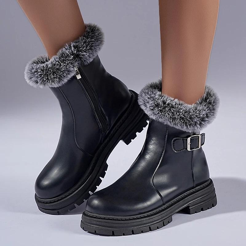 

Winter Women Snow Boots Fluffy Fur Leather Short Boots Waterproof Cold Proof Comfortable Warm Plush Ankle Boots Botas Para Mujer 36 чорний