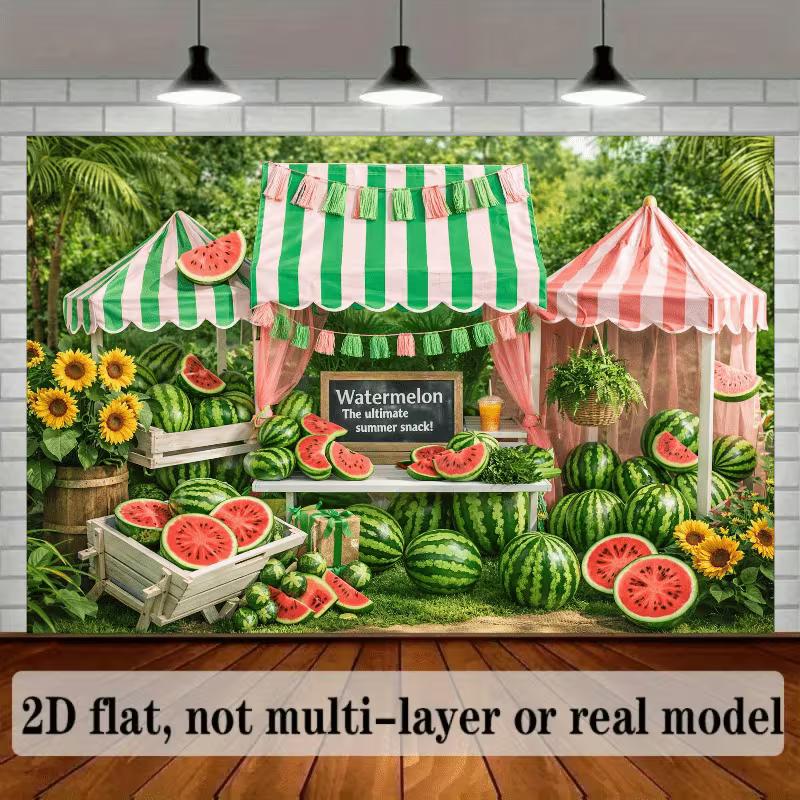 2D Watermelon Stand Backdrop, Summer Market Photography Background Banner