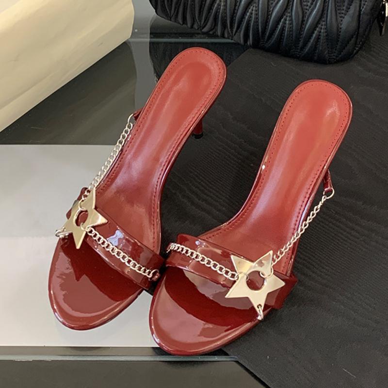 Elegant Round Open Toe Mules Thin High Heels Slippers Sandals Fashion Metal Chain Designer Slides Women Party Prom Shoes