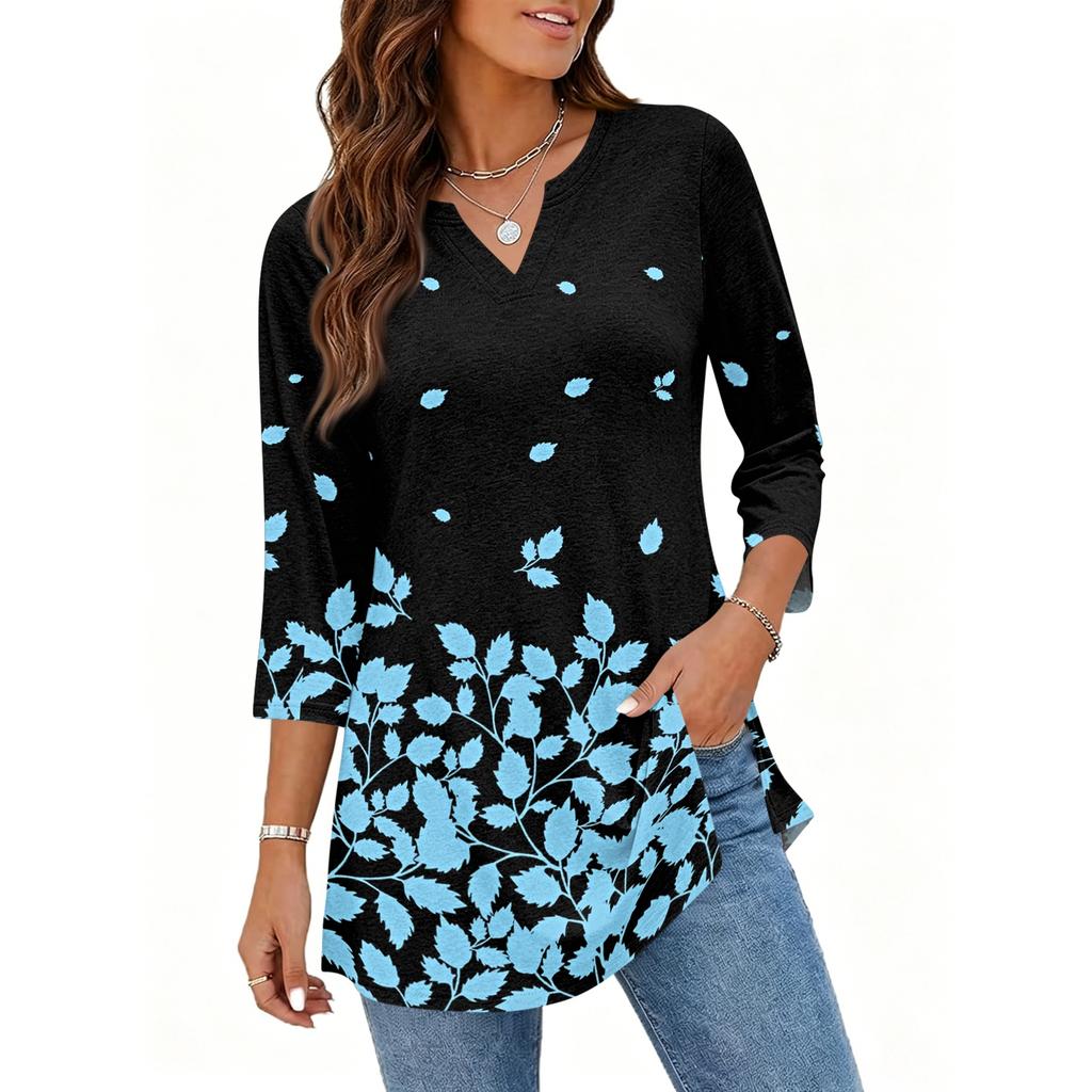 Women's Casual V Neck 3/4 Sleeve Pullover Tunic Top Floral Print Mid Length Loose Fit Blouse for Everyday Wear