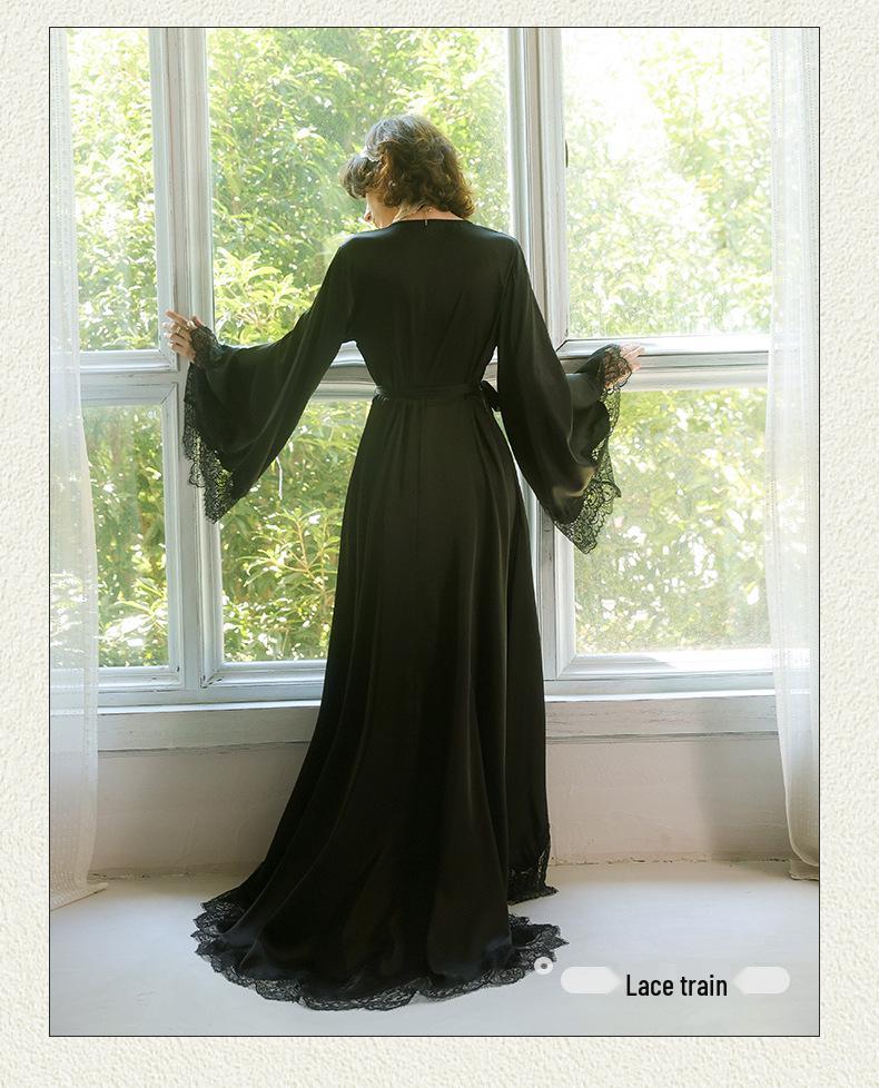 Black & White Satin Lace Patchwork Robe with V-Neck Bell Sleeves In French Court Style