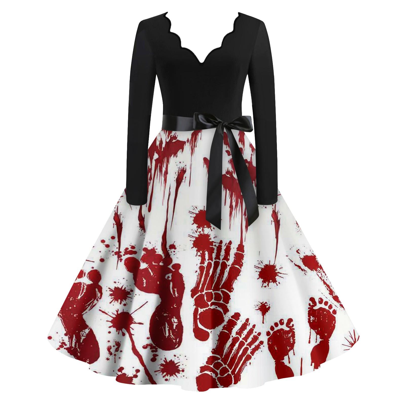 

Женские повседневные модные винтажные длинные платья с длинным рукавом на Хэллоуин и графическим принтом M винный