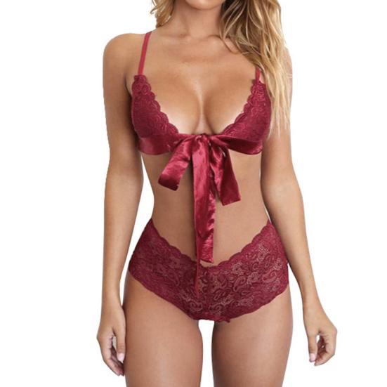 Women Sexy Solid Color Underwear Set Adjustable Straps Ribbon Bralette Briefs