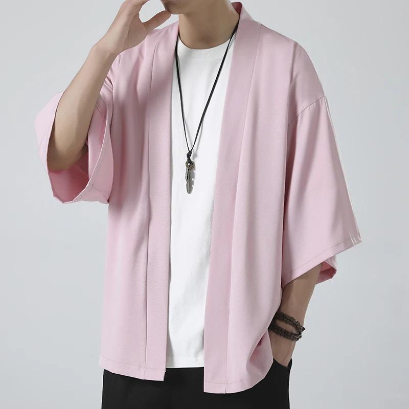 Spring Summer Men's Sun Protection Clothing Japanese Kimono Shirts Casual Open Stitch Lightweight Solid Three Quarter Loose Couple Shirts M-5XL