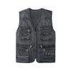 Spring Autumn Men Vest Multiple Pockets Solid Color Streetwear Plus Size Loose V Neck Sleeveless Outerwear Waistcoat for Fishing