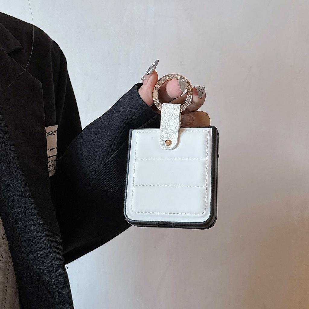 For Xiaomi Mix Flip 2 Case Case Down Jacket Style Rhinestone Decor Ring Holder Leather Coated PC Phone Cover