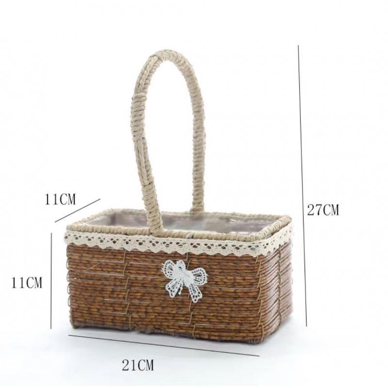 Pastoral-Style Handwoven Rattan Flower Basket - Small Decorative Green Plant Basket