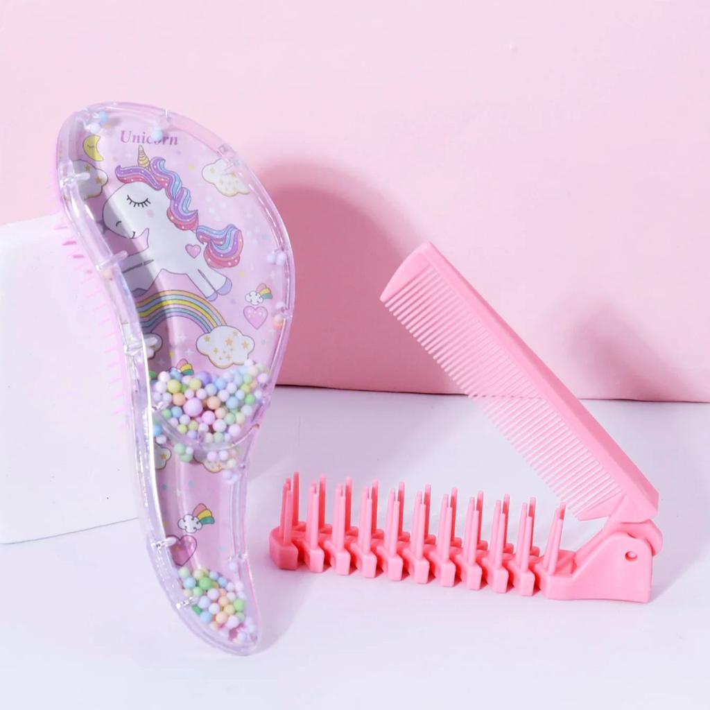 Cartoon Hairdressing Travel Set - Air cushion non damaging hair brush, mini pocket folding comb, suitable for all types of hair