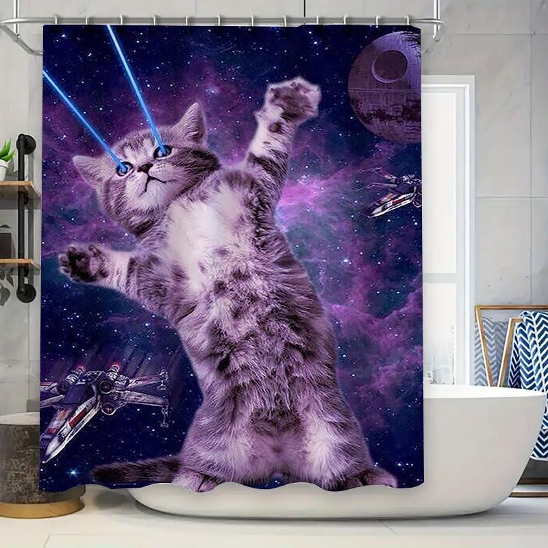 Space Cat With Laser Eyes Waterproof Shower Curtain Heat Resistant Machine Washable Non-Transparent 180X180Cm