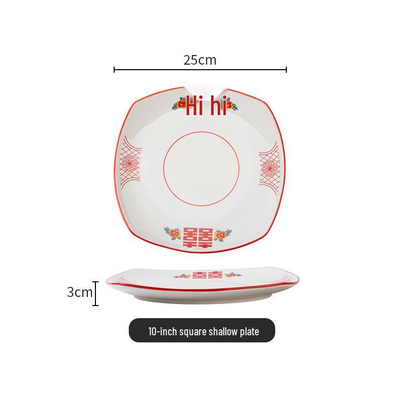 Set di Piatto Rotondo Rosso Ceramica Retrò Doppia Felicità - Piatto Basso, Piatto Piatto, Piatto per Hot Pot, Piatto per Carne, Piatto per Salsa e Piatto per Pesce per Tavola da Ristorante.