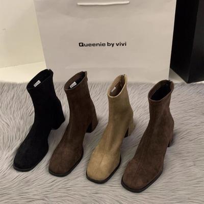New Style Fashion Women's Vintage Women Slim Ankle Boots Fashion Elegant Square Toe Shoes Autumn High Heels Women's Short Boots
