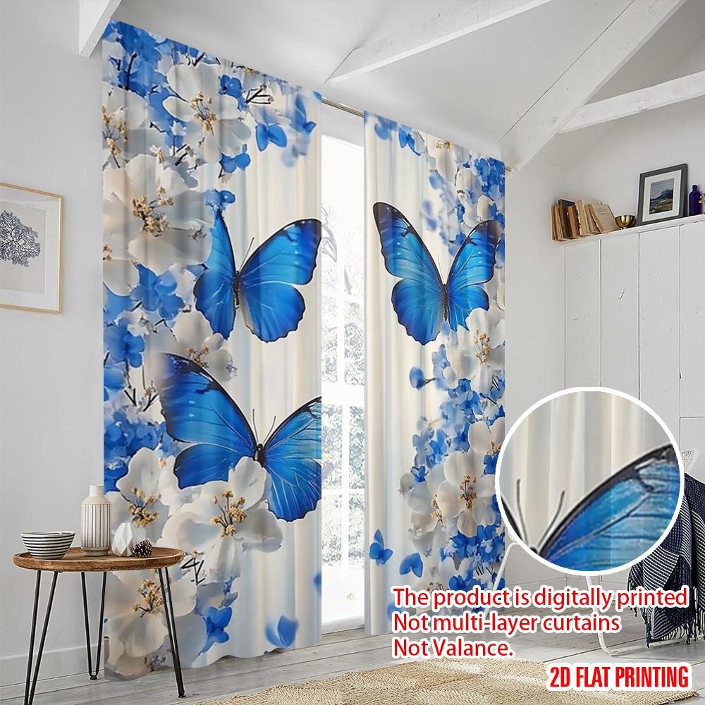 Flat Printing Scene Curtains Blue Butterfly Flower Fabric Without Electricity Birthday Party Perfect Home Wall Yard Set Of 2 Made Polyester