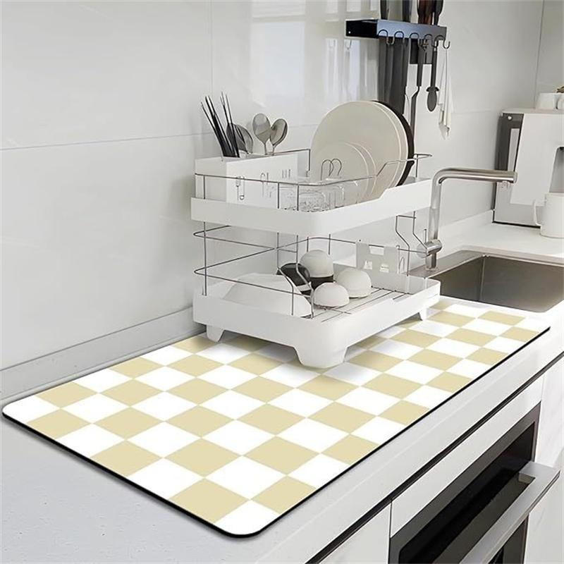 Checkered Super Absorbent Kitchen Tableware Impermeable Drainage Mat Non-slip Kitchen Carpet Coffee Dish Drainer Draining Mat