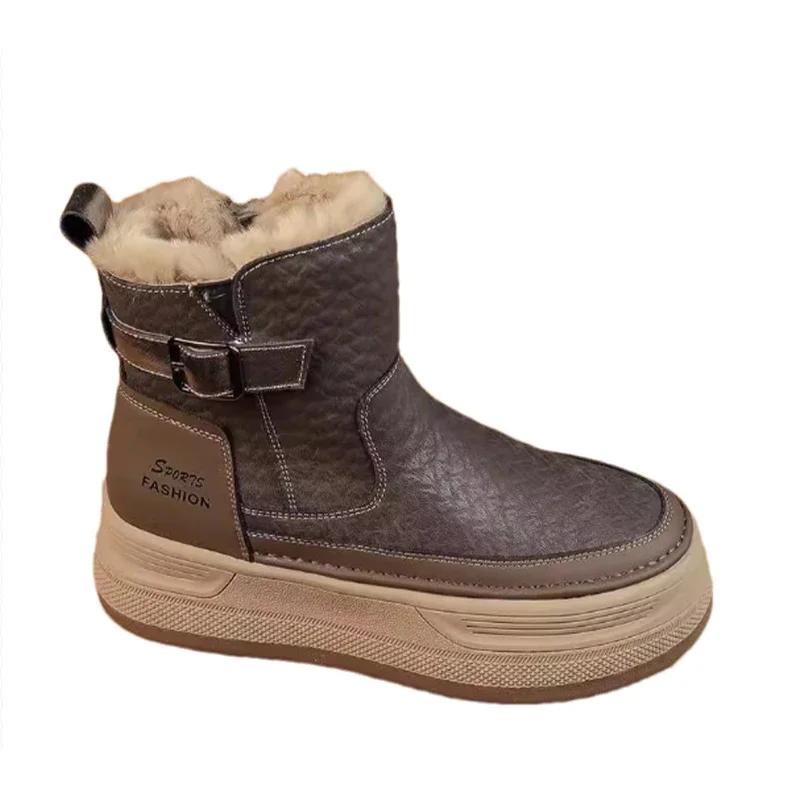 Platform Women Fur Snow Ankle Boots Flats Leather Short Plush Cotton Shoes Trend Fashion Sneakers Warm Cozy Mujer Goth Botas