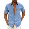 Men's Summer Casual Button Down Shirt Fashion with Plaid Trim Pocket Detail Short Sleeve