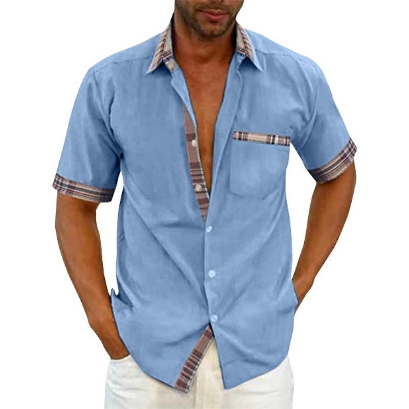Men's Summer Casual Button Down Shirt Fashion with Plaid Trim Pocket Detail Short Sleeve