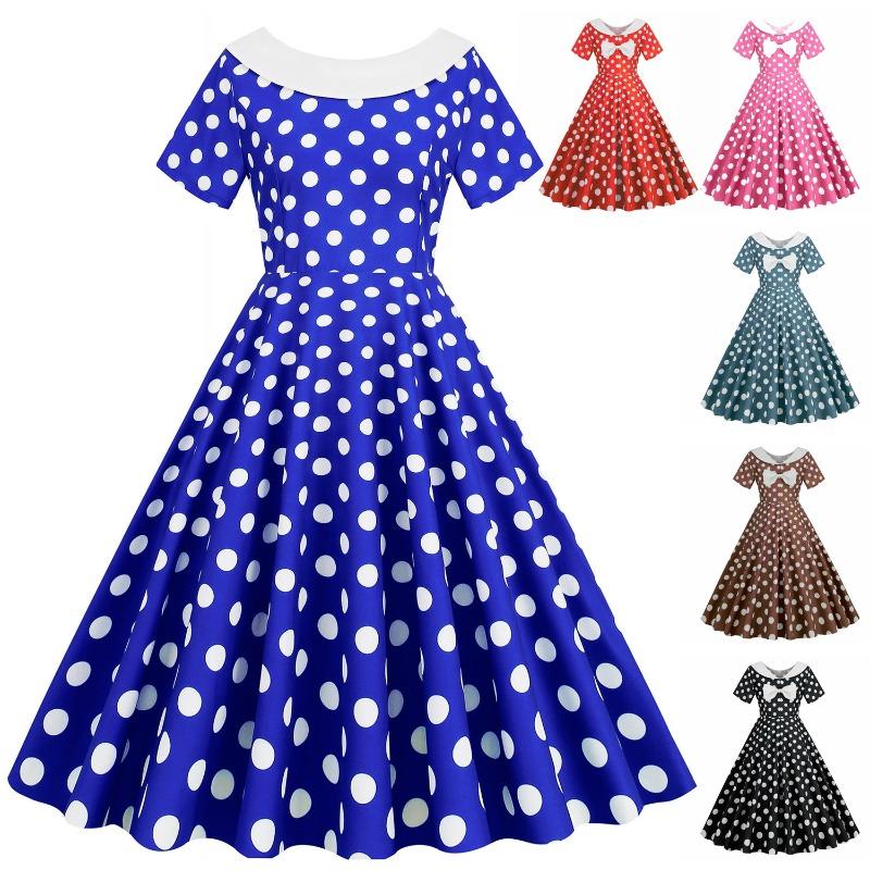 Z Summer Hot Sale Women's Clothing Crew Neck Short Sleeve Polka Dot Printing Retro Back Bow Pendulum Dress