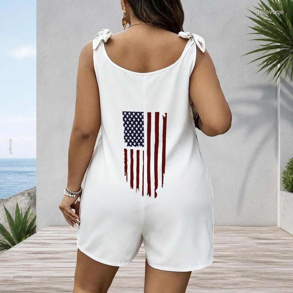 Women Plus Size White USA Flag Printed Scoop Neck Sleeveless Tie Strap Loose Fit Romper With Patch Pockets