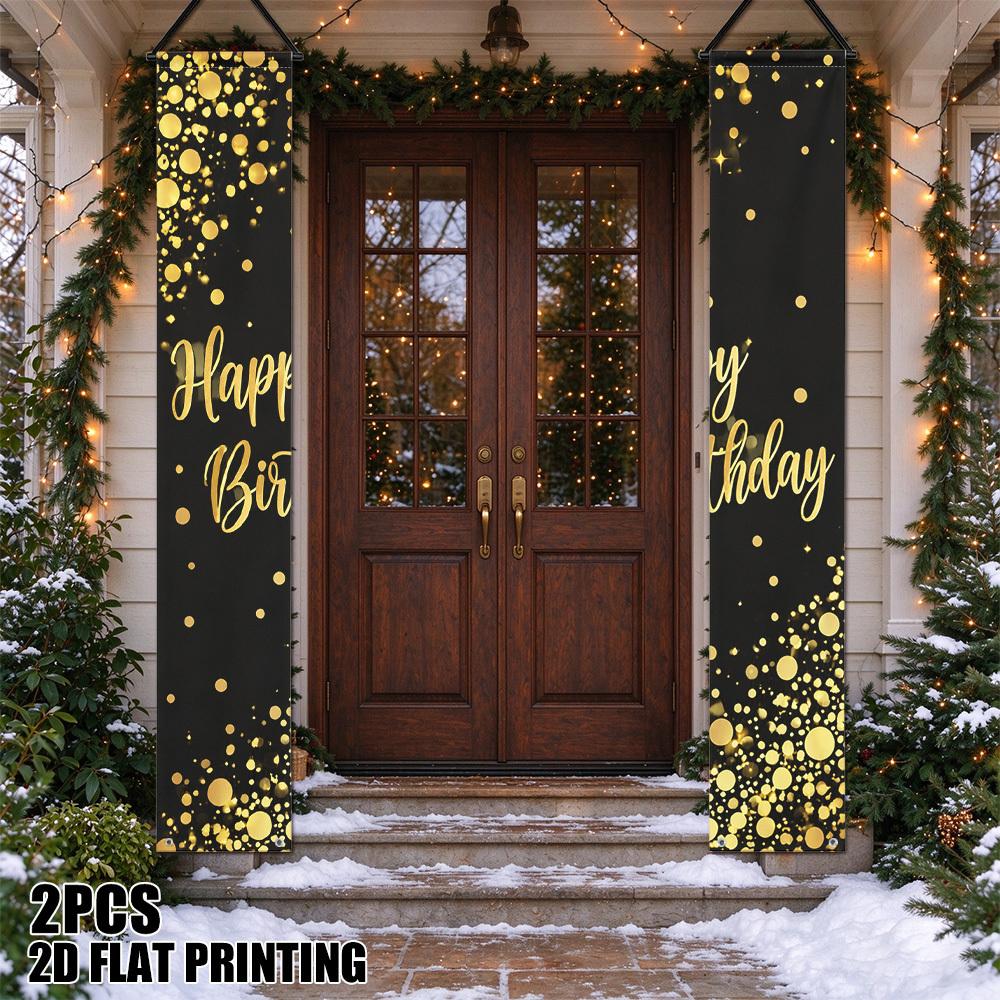 2D Flat, 2D Flat - 2D Flat, 2D Flat - 2D Flat Printing 2pcs Birthday Golden Confetti Dots Porch Door Frame Couple Banners, Festive Party Atmosphere De