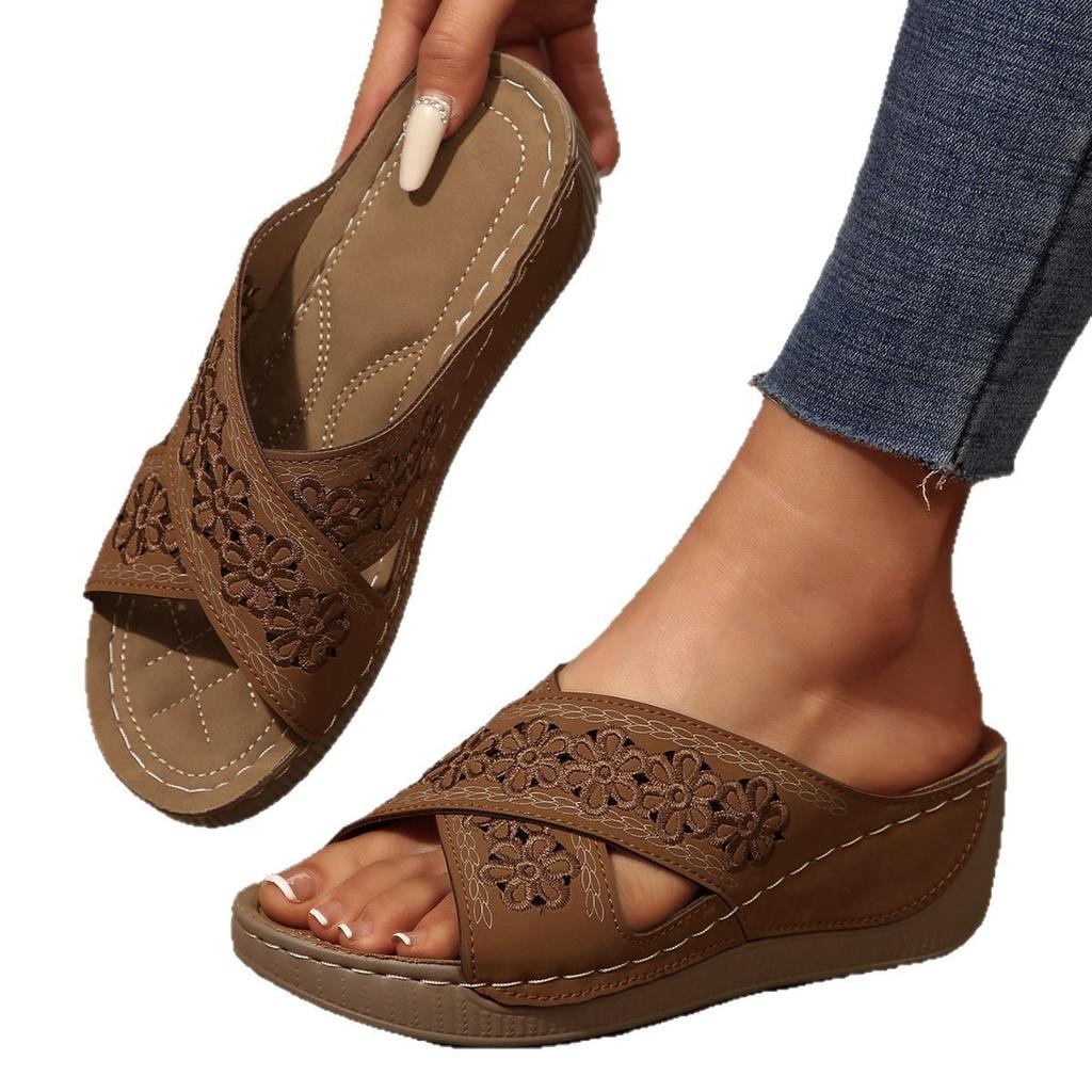 2025 Foreign Trade Thick Bottom Hollow Cross Slippers Women's Slope Heel Embroidered Beach Fish Mouth Side Empty Open Toe Cold Slippers