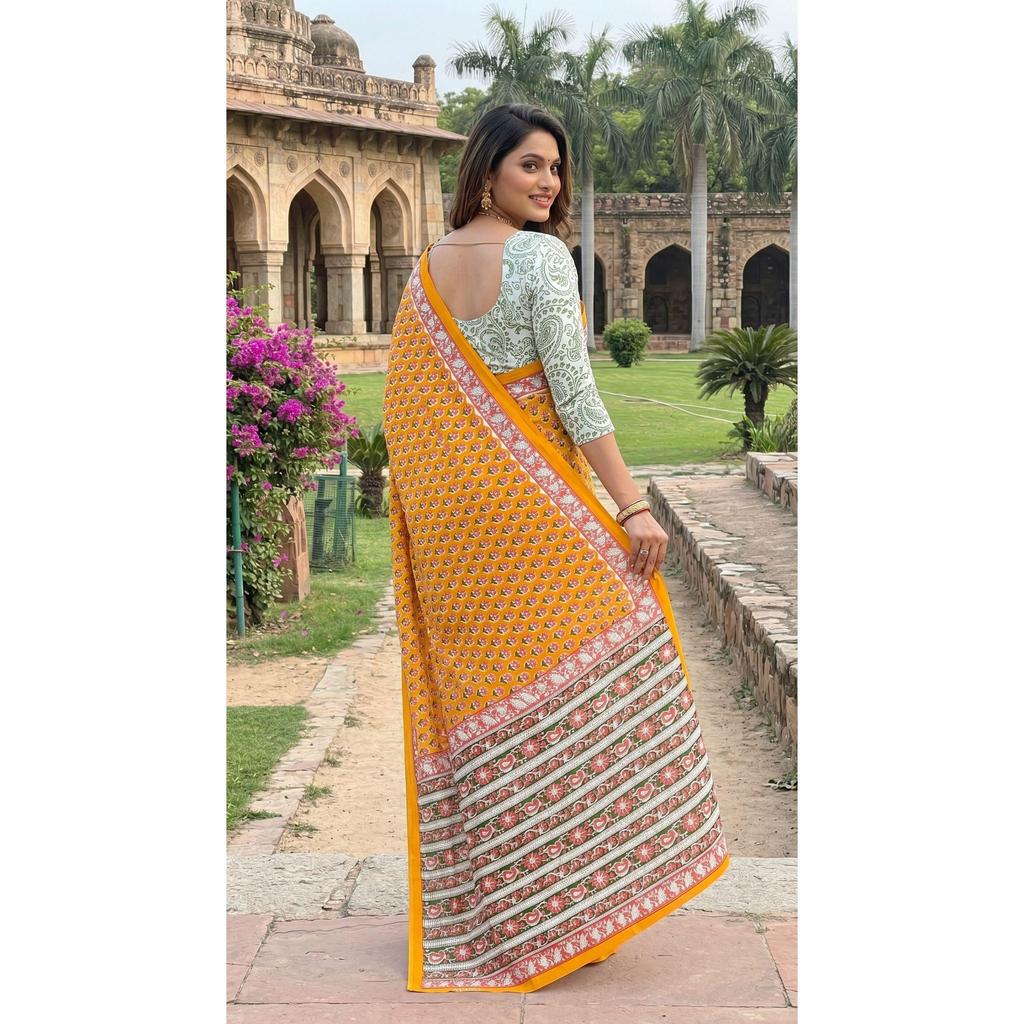 Premium Bagru Printed Mulmul Cotton Saree