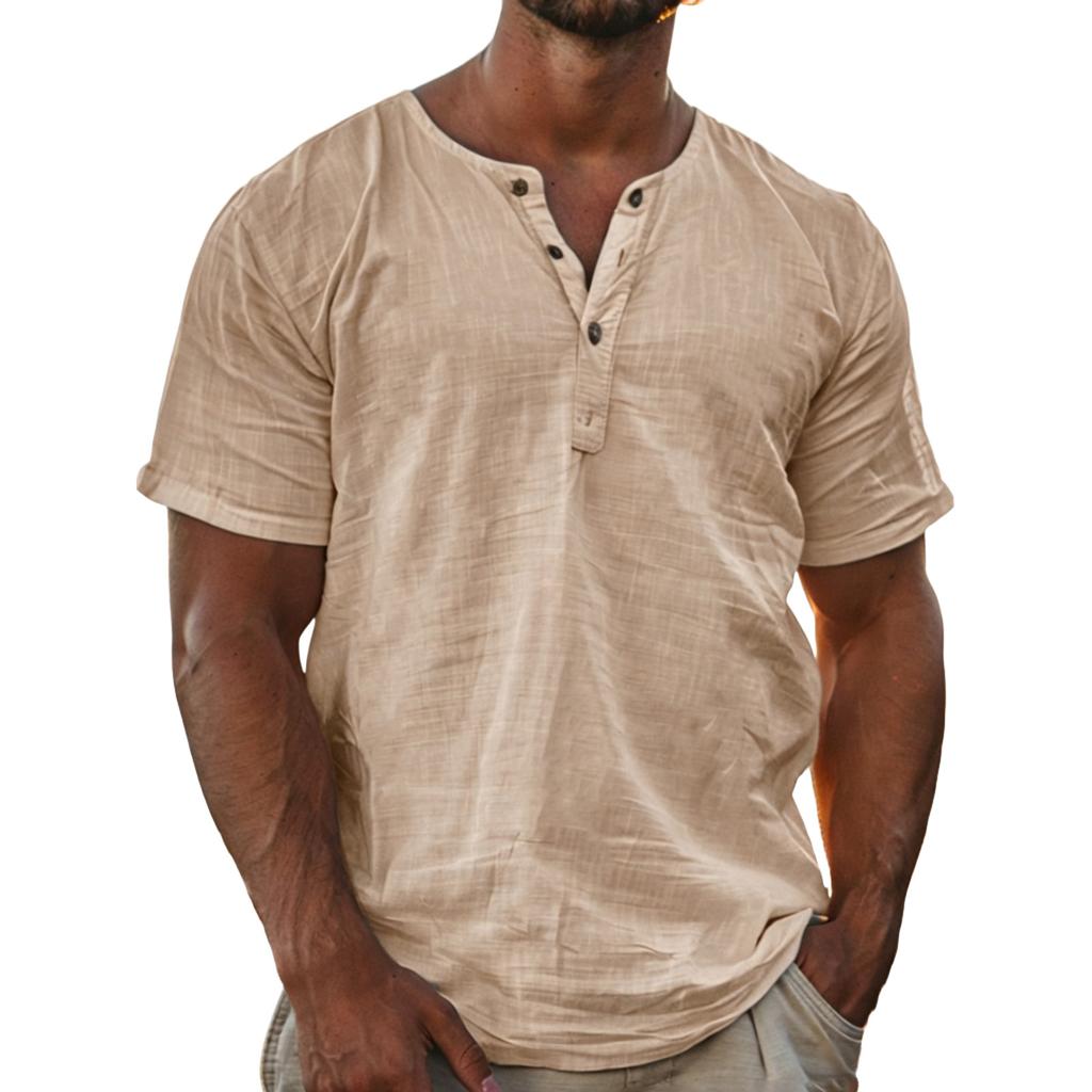 Men Henley Shirt Short Sleeve Button Down Linen Casual Loose Fit Summer Lightweight Top for Daily Wear