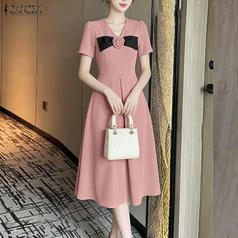 ZANZEA Women Elegant Casual V-Neck Short Sleeve A-Line Dress