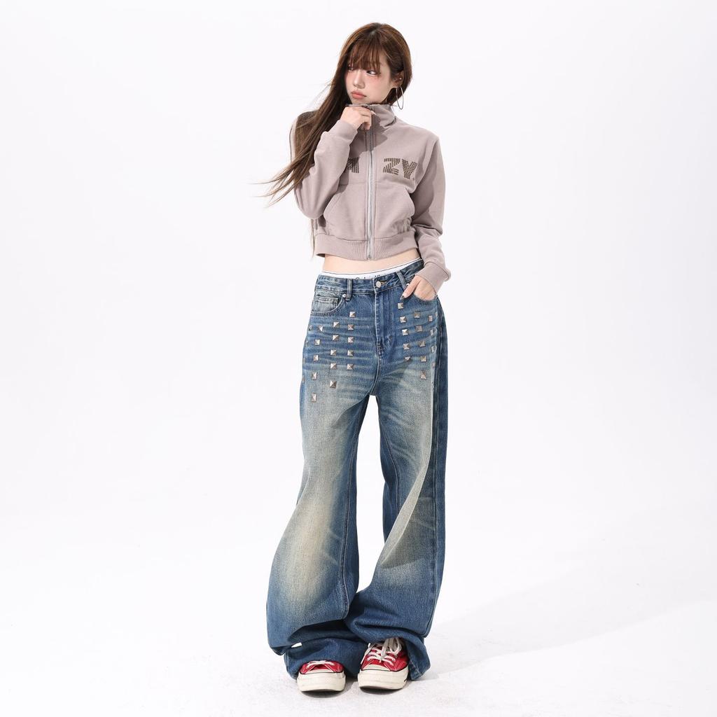 Spring Niche Street Rivet Button Relax Wide Leg Denim Pants For Women Casual Pants Oversize Denim Trousers
