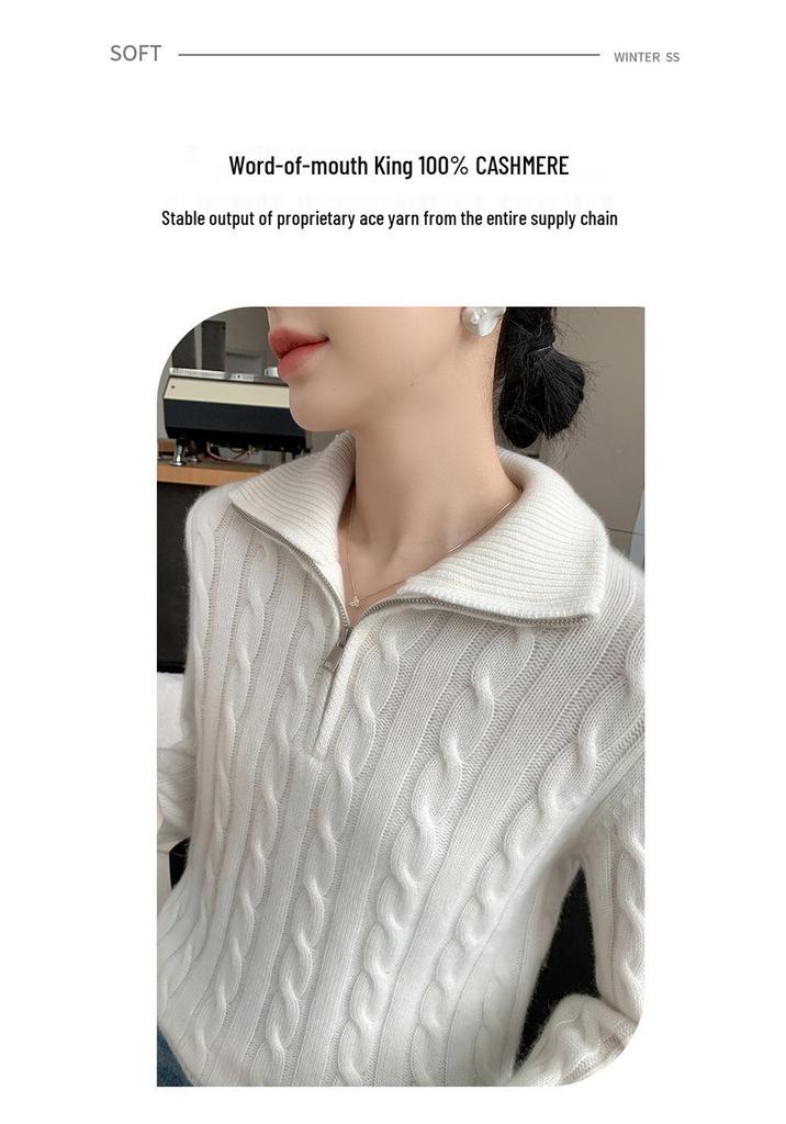Women's Cashmere Sweater: 2026 Full Cable Knit, Solid Color, Long Sleeve, Half Zip Pullover for Autumn/Winter.