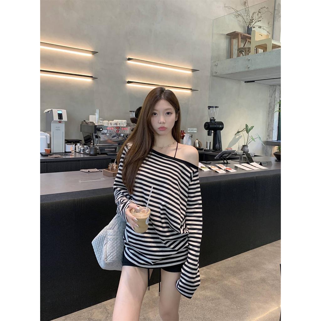 Slash shoulder striped long-sleeved T-shirt women's spring and autumn new thin loose sunscreen blouse Spice girl off-the-shoulder top