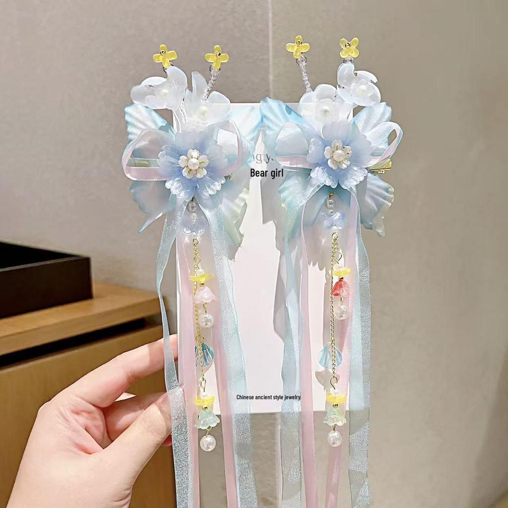 Ancient Style Hanfu Princess Butterfly Hair Clips with Long Ribbons - Children's Chinese Fairy Hair Accessories (Pair)
