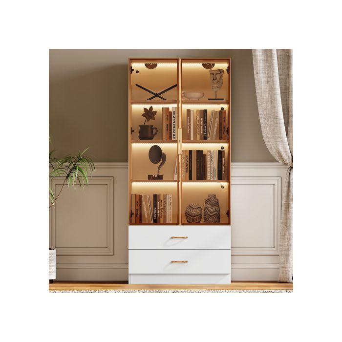 Armoire de salle de bains, moyenne, avec bandeau lumineux, largeur 75 cm, avec 2 grands tiroirs et 2 portes, porte vitrée