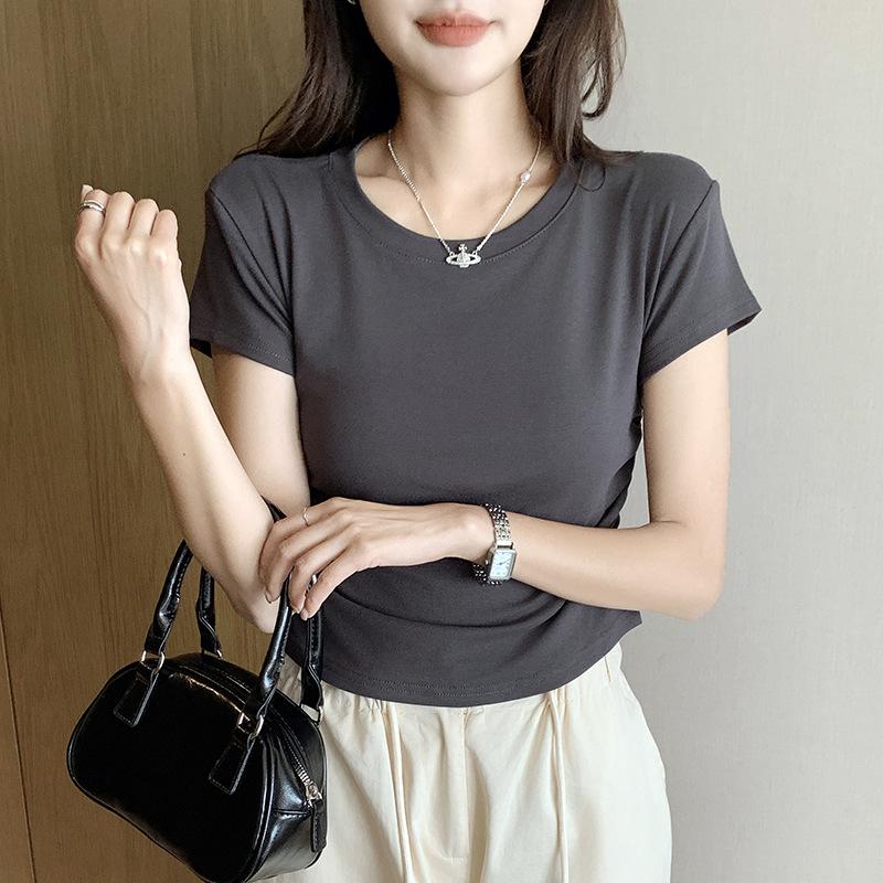 Short-sleeved t-shirt women's summer Korean version slim-fitting round neck inside fashionable hot girl looking thin and versatile