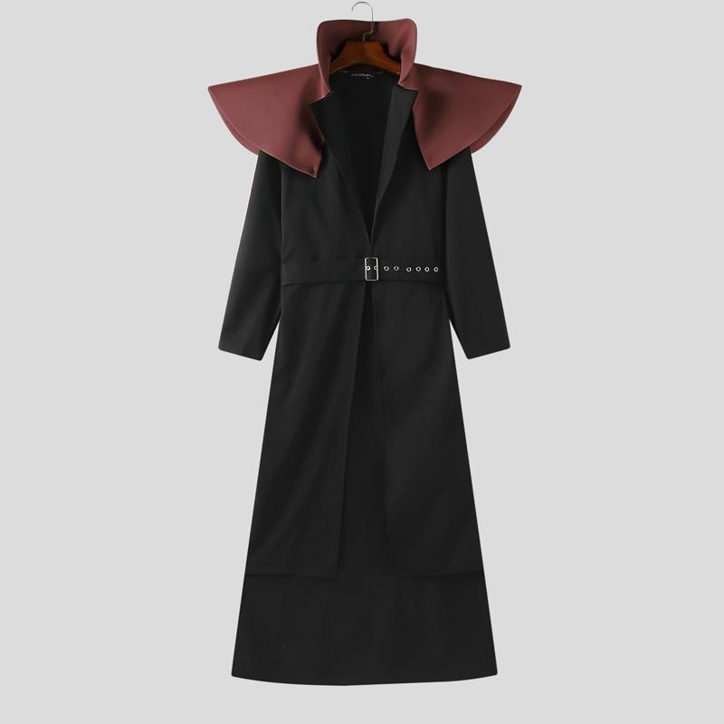 INCERUN Männer Nähte Stehkragen Langarm Gürtel Taille Cosplay Lange Tunika Mäntel