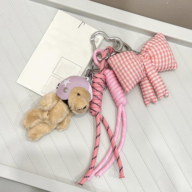 Stylish Plush Helmet Bear Keychain with bowknot Keychain Perfect For Backpacks Luggage Fashionable Daily Companion